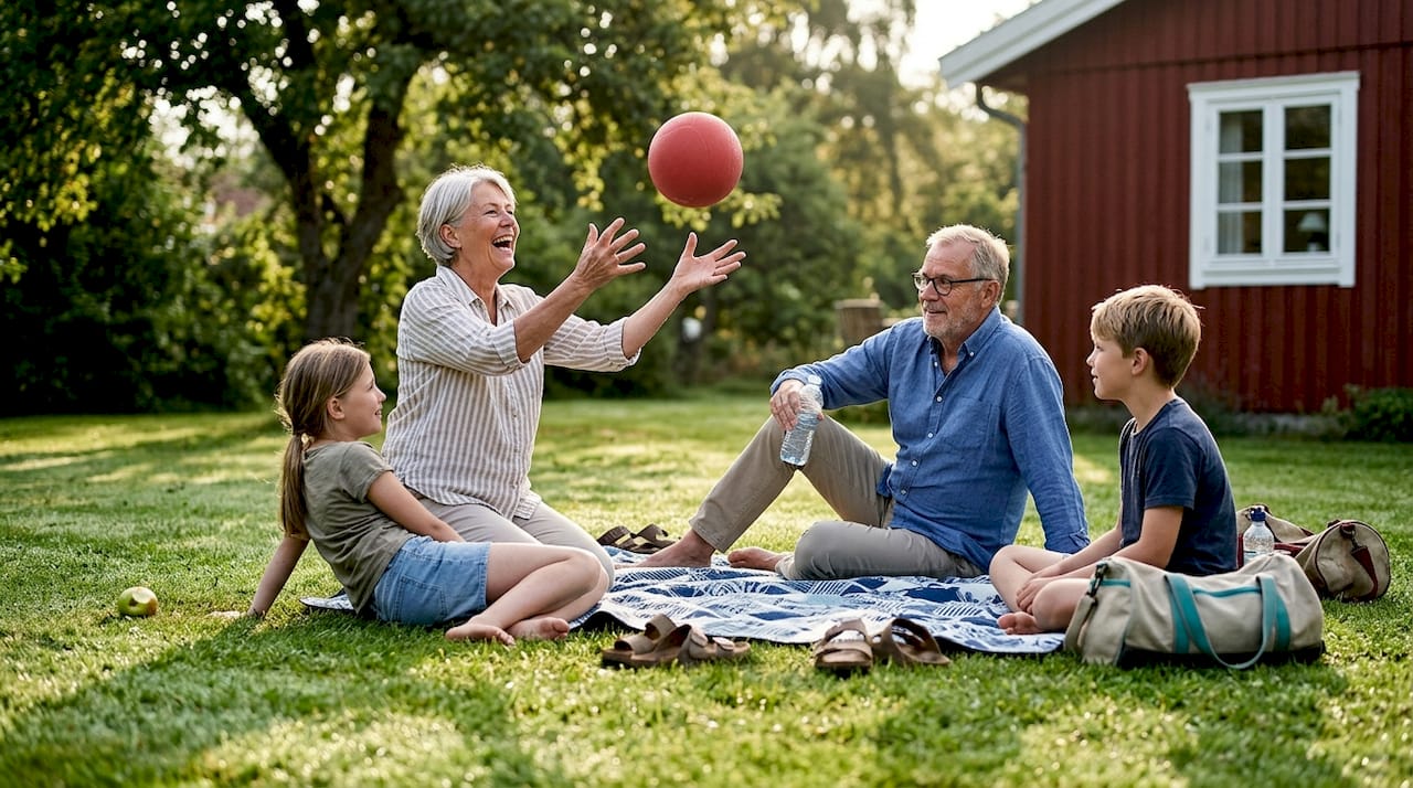 En familie hygger sig med boldspil ude på plænen.