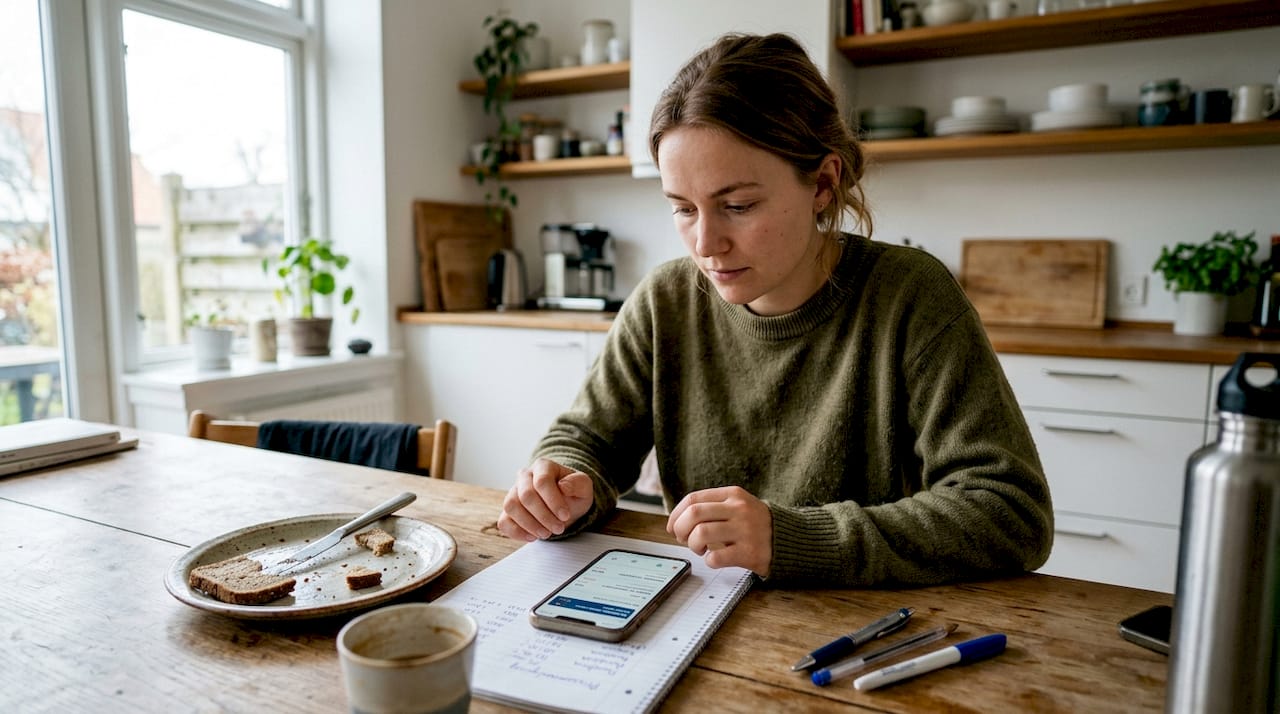 Kvinde sidder ved køkkenbordet og tjekker flybilletter for at finde den bedste pris