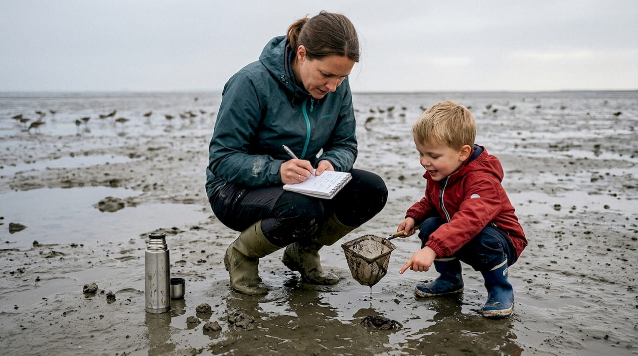 Familien går på opdagelse i livet langs Vadehavet