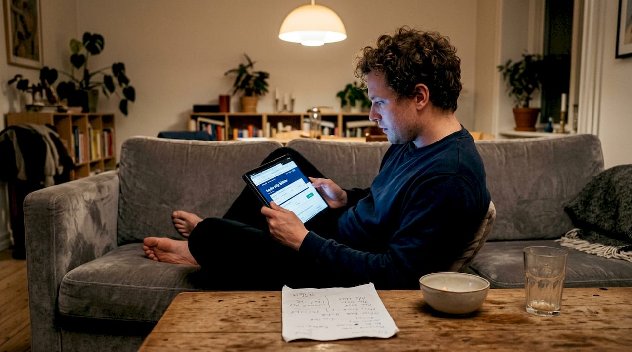 Mand tjekker flybilletter fra sofaen derhjemme