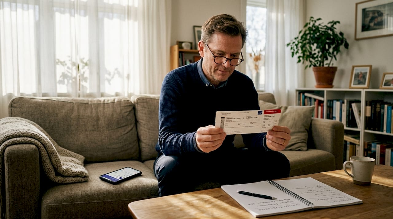 En mand sidder derhjemme og sammenligner priser på flybilletter.