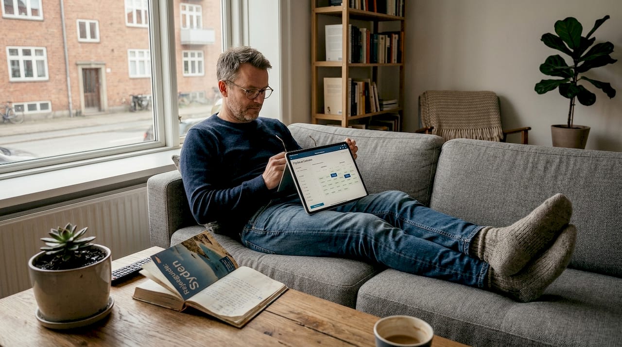 En person sidder med en tablet og sammenligner flyafgange for at finde de bedste rejsedatoer.