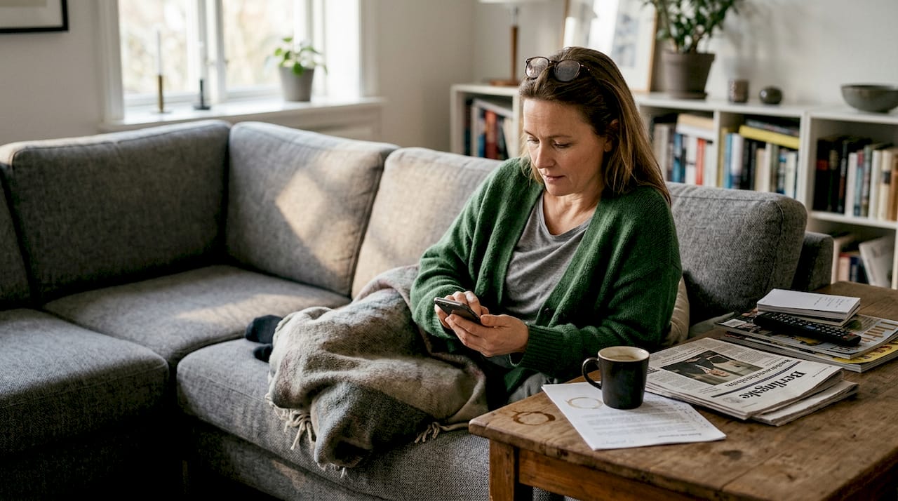 En kvinde sidder hjemme i stuen og gennemgår flyreglerne.