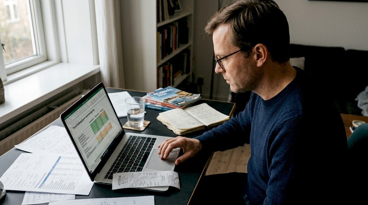 En mand sidder foran sin computer og tjekker priser og gebyrer på flybilletter, så han kan finde den bedste deal.