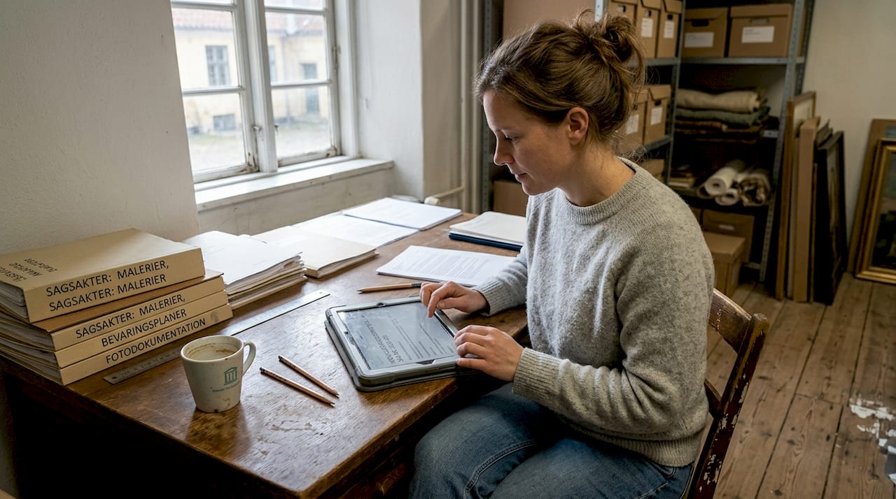 Museets medarbejdere gennemgår bevaringsjournalerne for at sikre, at alt er opdateret og i orden.