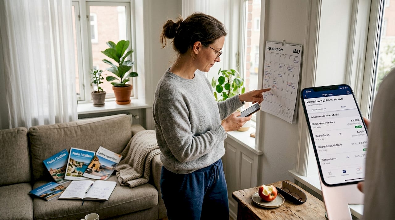 En kvinde sidder i stuen og tjekker flybilletter, mens hun gennemgår sin kalender.