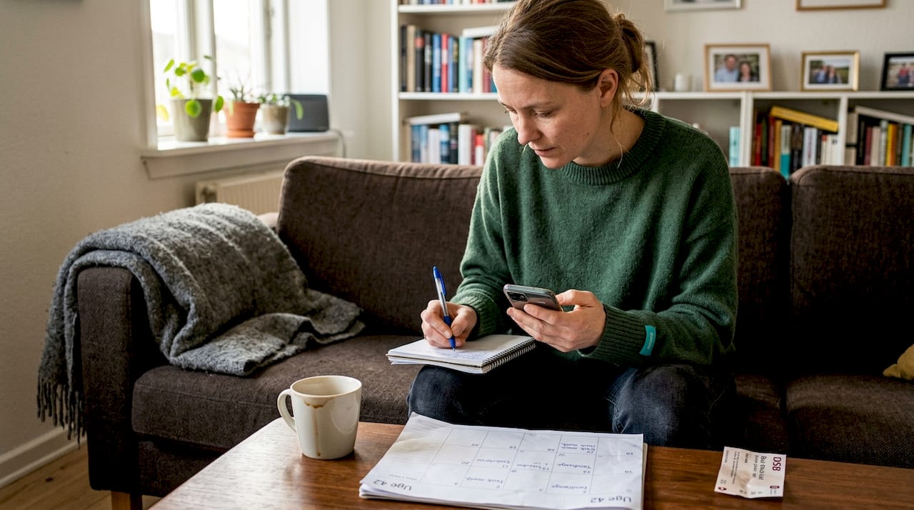 En kvinde sidder og planlægger sin næste rejse med både sin notesbog og mobiltelefon ved hånden.