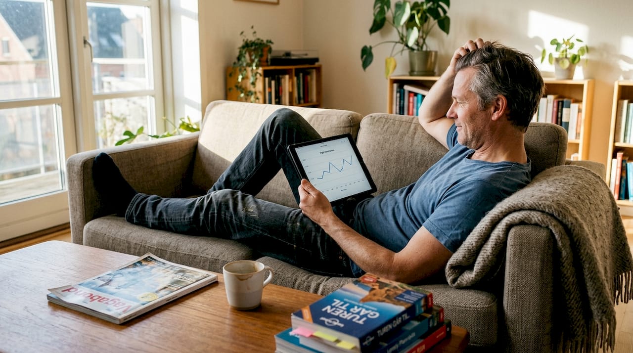En mand sidder og tjekker udviklingen i flypriser på sin tablet