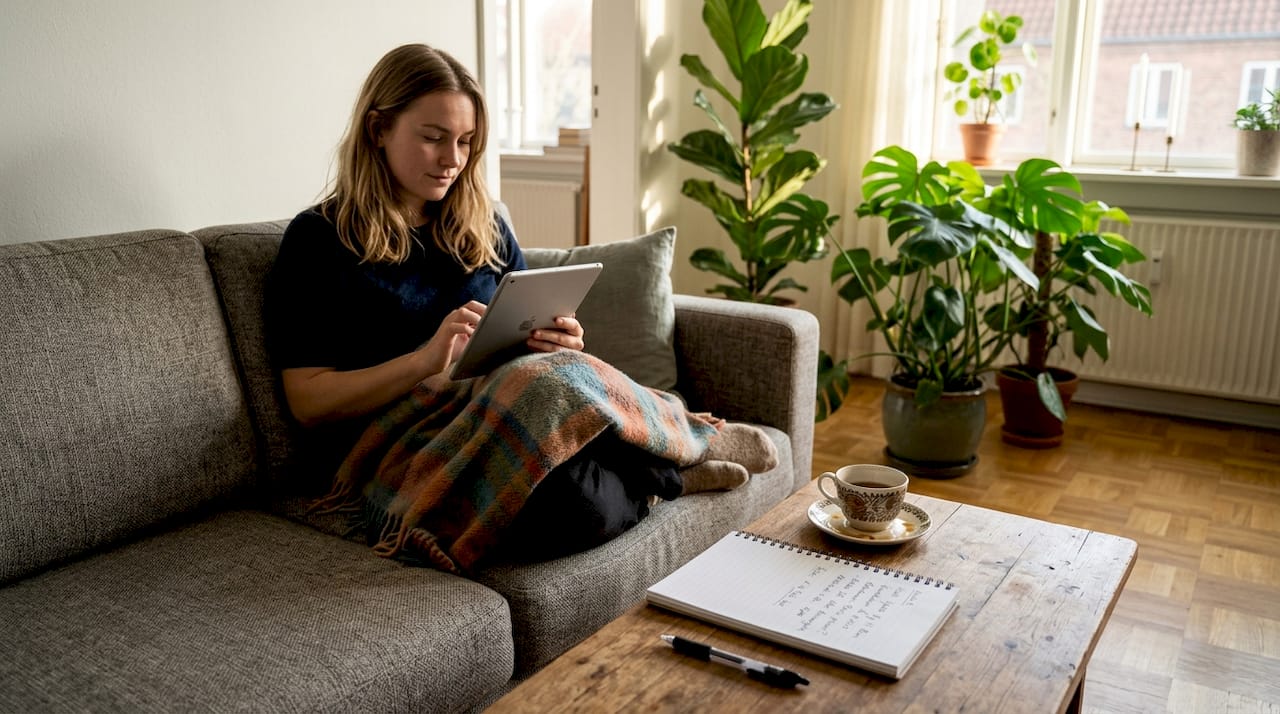 En kvinde sidder hjemme i stuen og kigger på flybilletter på sin computer.