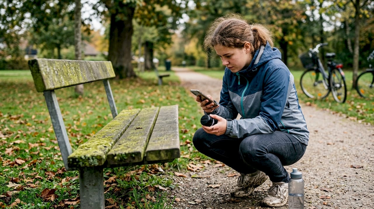 Ung kvinde på skattejagt med geocaching i en dansk park