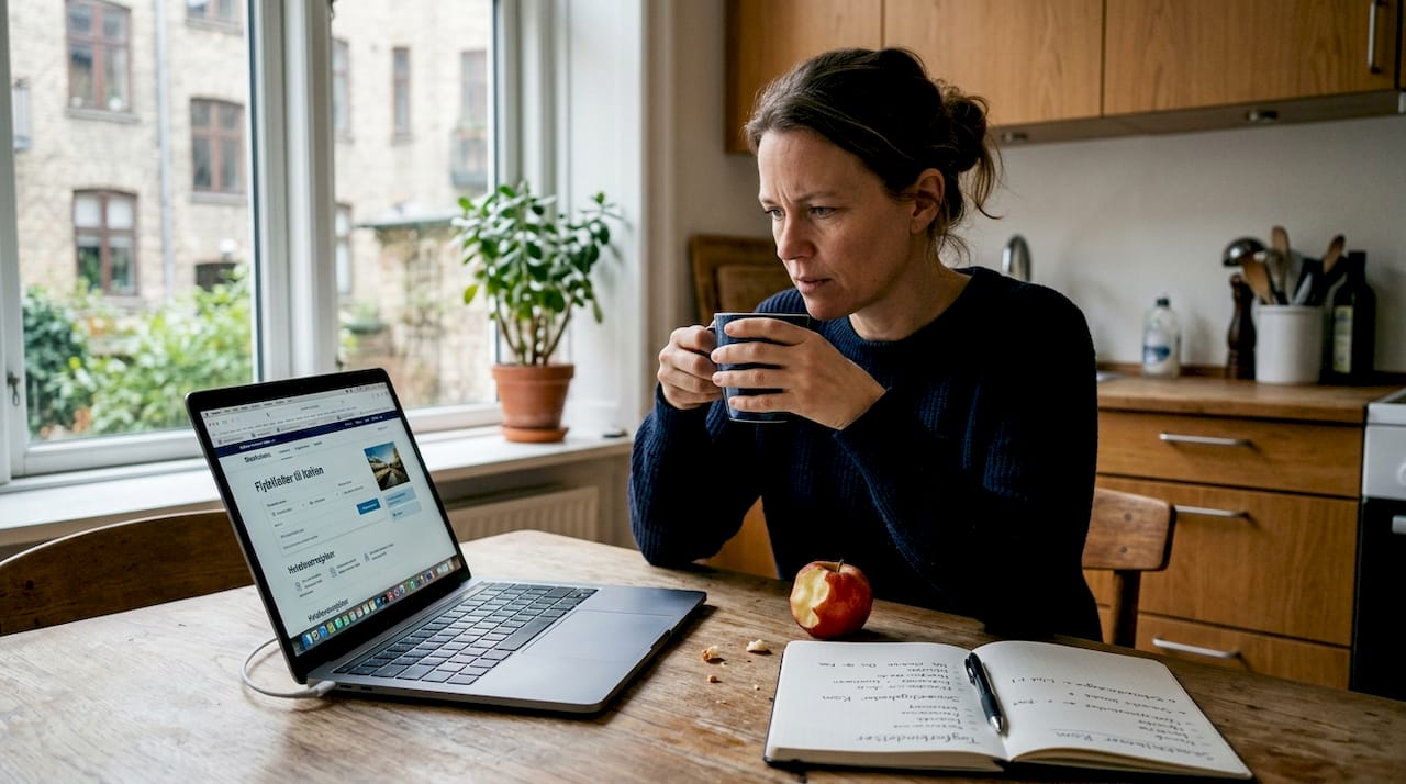 Kvinde leder efter flybilletter på sin tablet i køkkenet