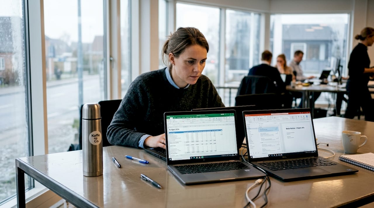 En administrativ medarbejder sidder på kontoret og tjekker flybilletter for at finde den bedste pris.