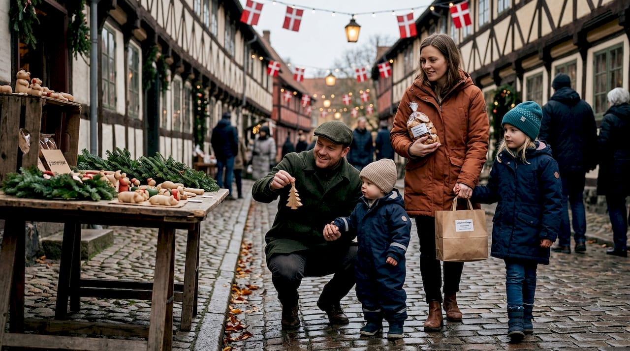 Familie tager på juleeventyr blandt de gamle boder i Aarhus
