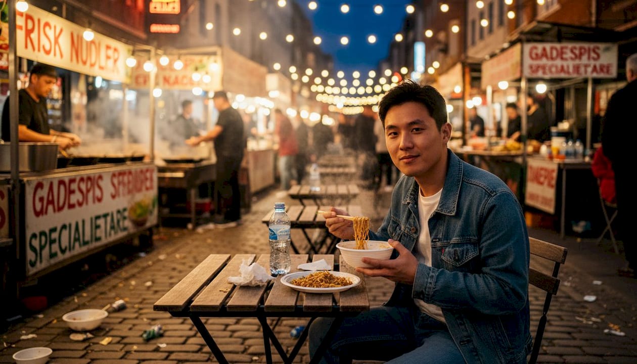 En prisbevidst rejsende, der nyder et billigt måltid fra en lokal street food-bod.