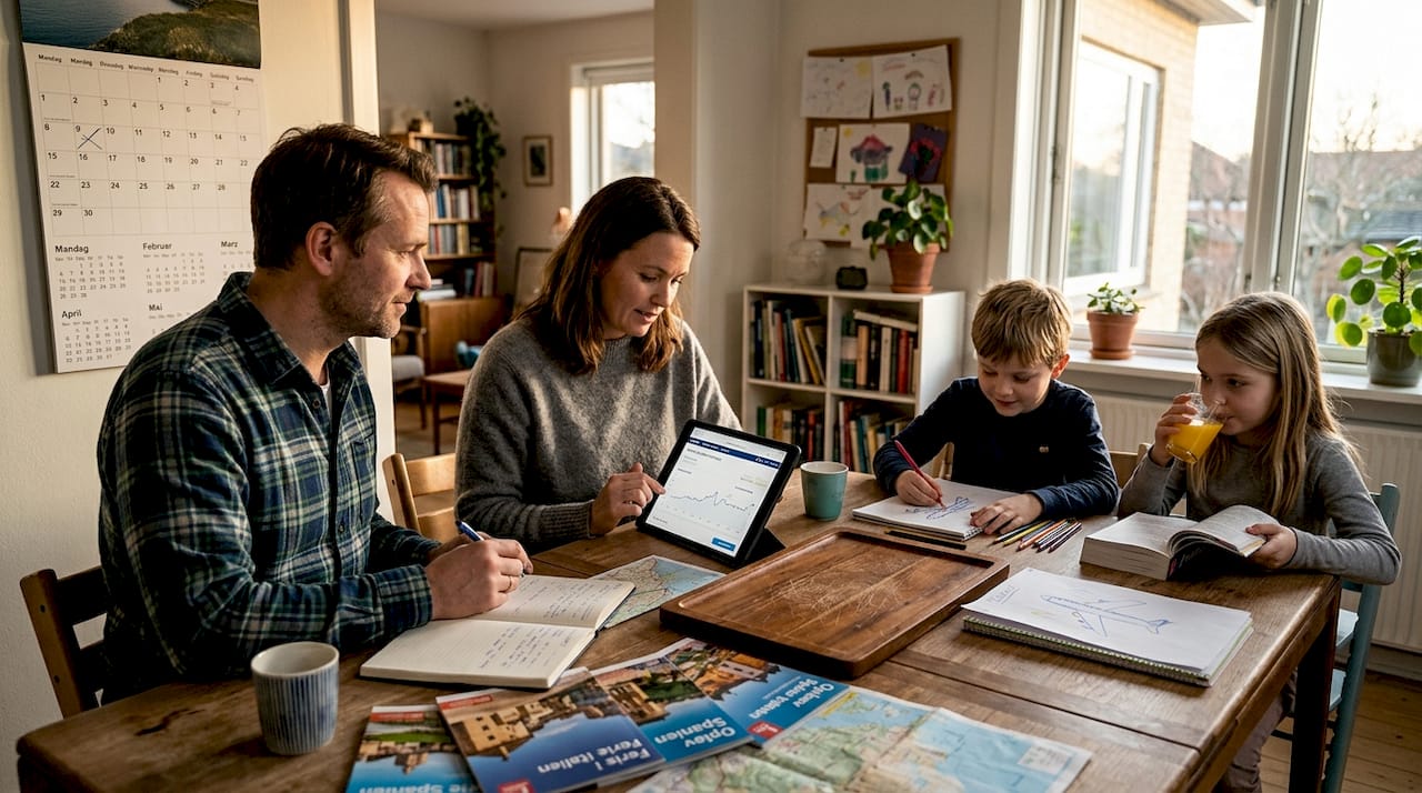 Familien planlægger ferie, hvor vi kan være fleksible med datoerne.