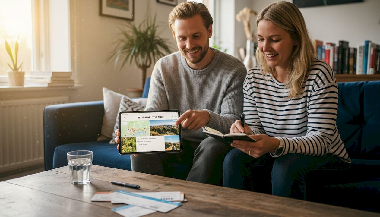 Venner sidder sammen i sofaen og udforsker rejsemuligheder på deres apps.