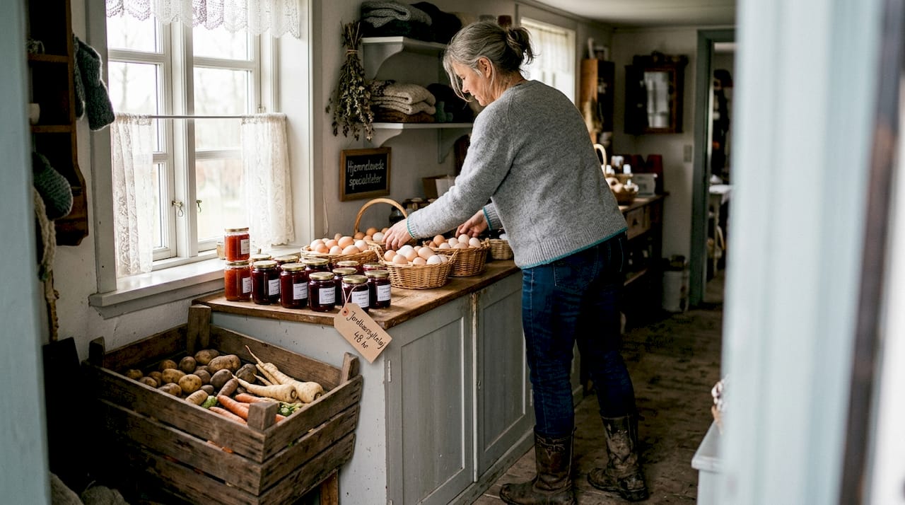A local farm shop owner is arranging fresh vegetables and fruits neatly on the shelves so that everything looks inviting for customers.