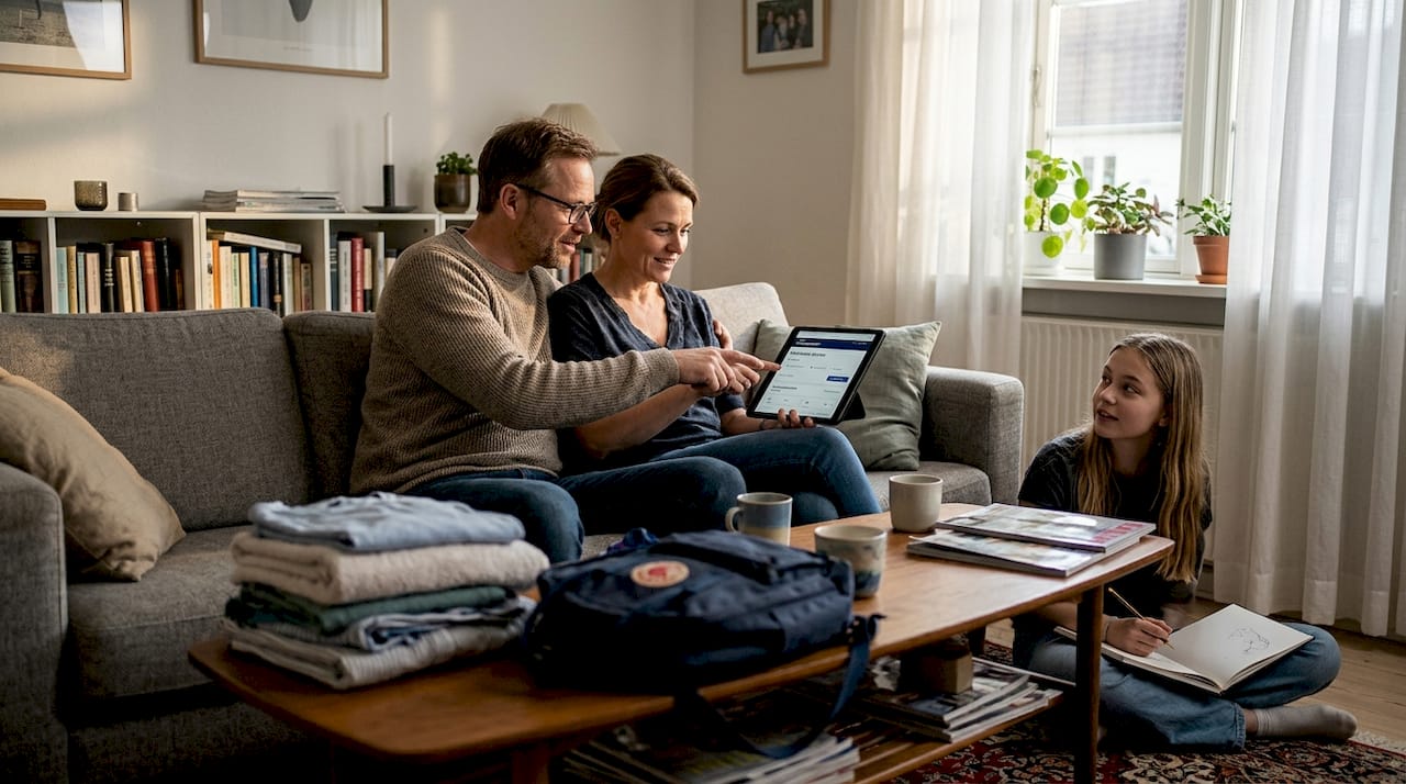 En familie sidder hjemme i stuen og sammenligner flybilletter på deres computer.
