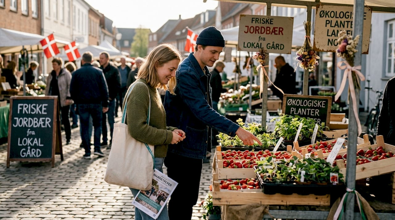 Guests explore and shop at the local Danish market with seasonal goods.