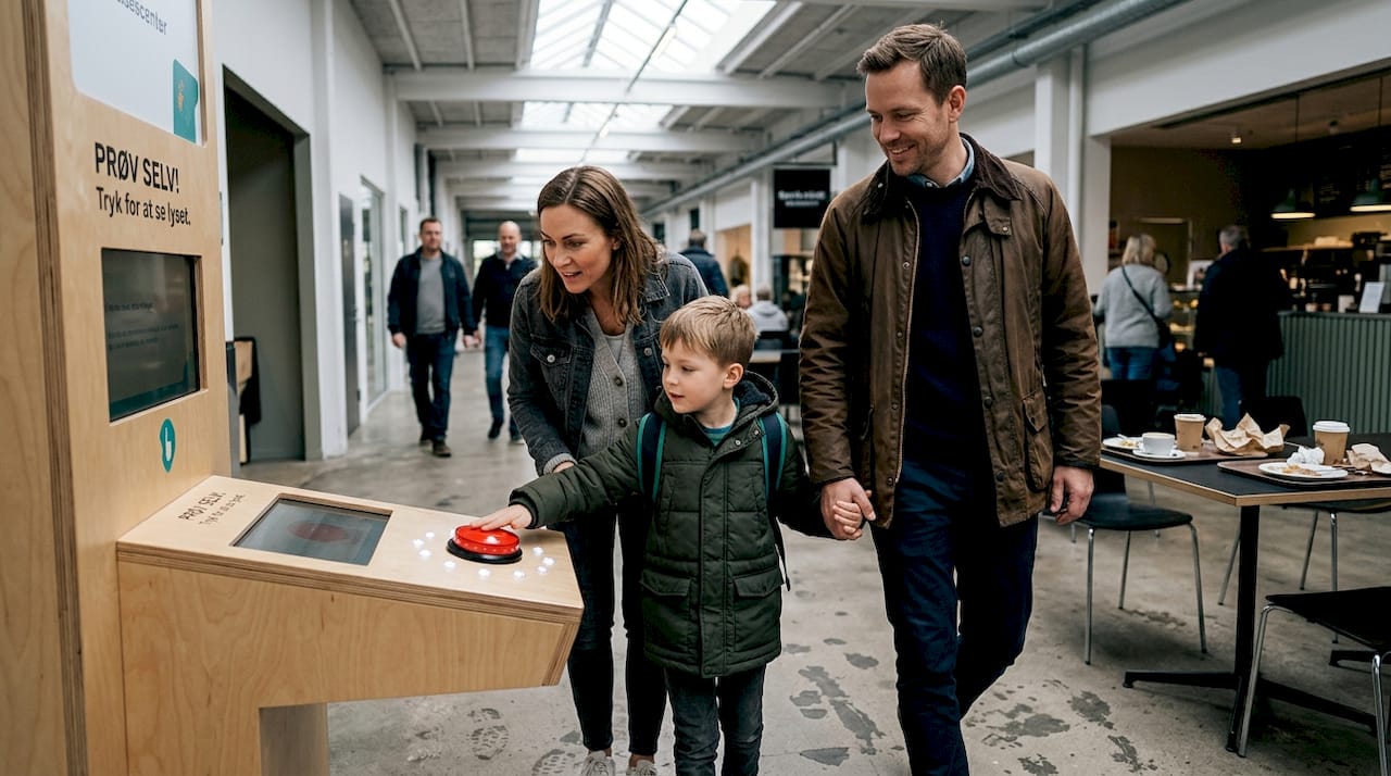 A family explores the interactive experiences at the center's various stations.