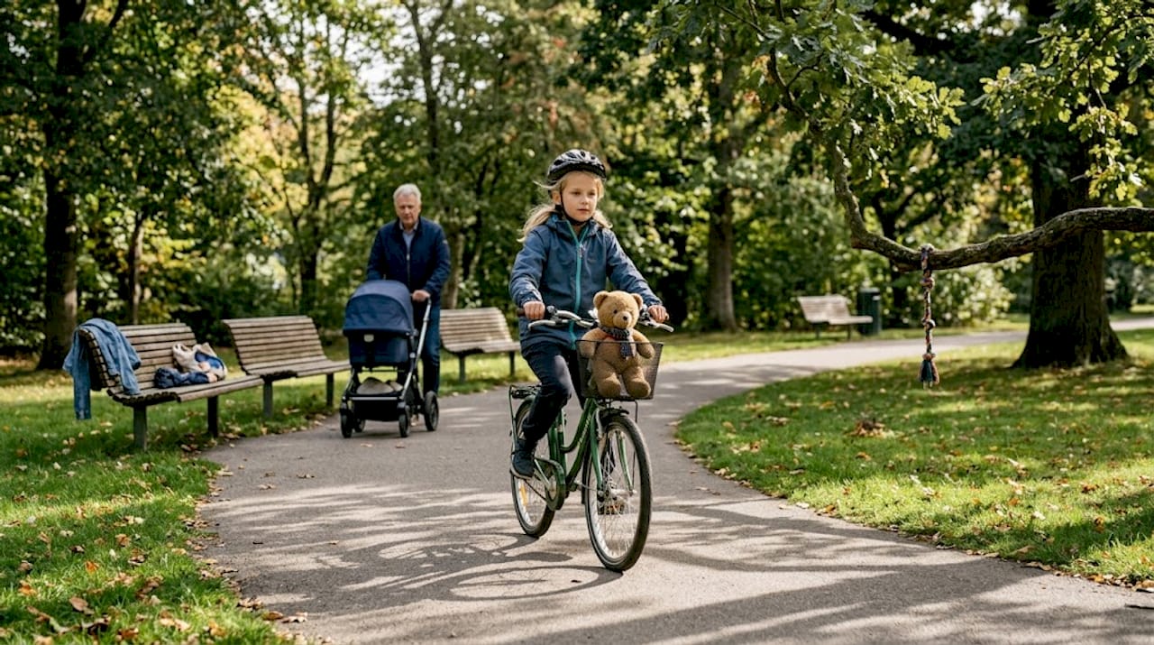 Ein Kind radelt leise durch den Stadtpark.