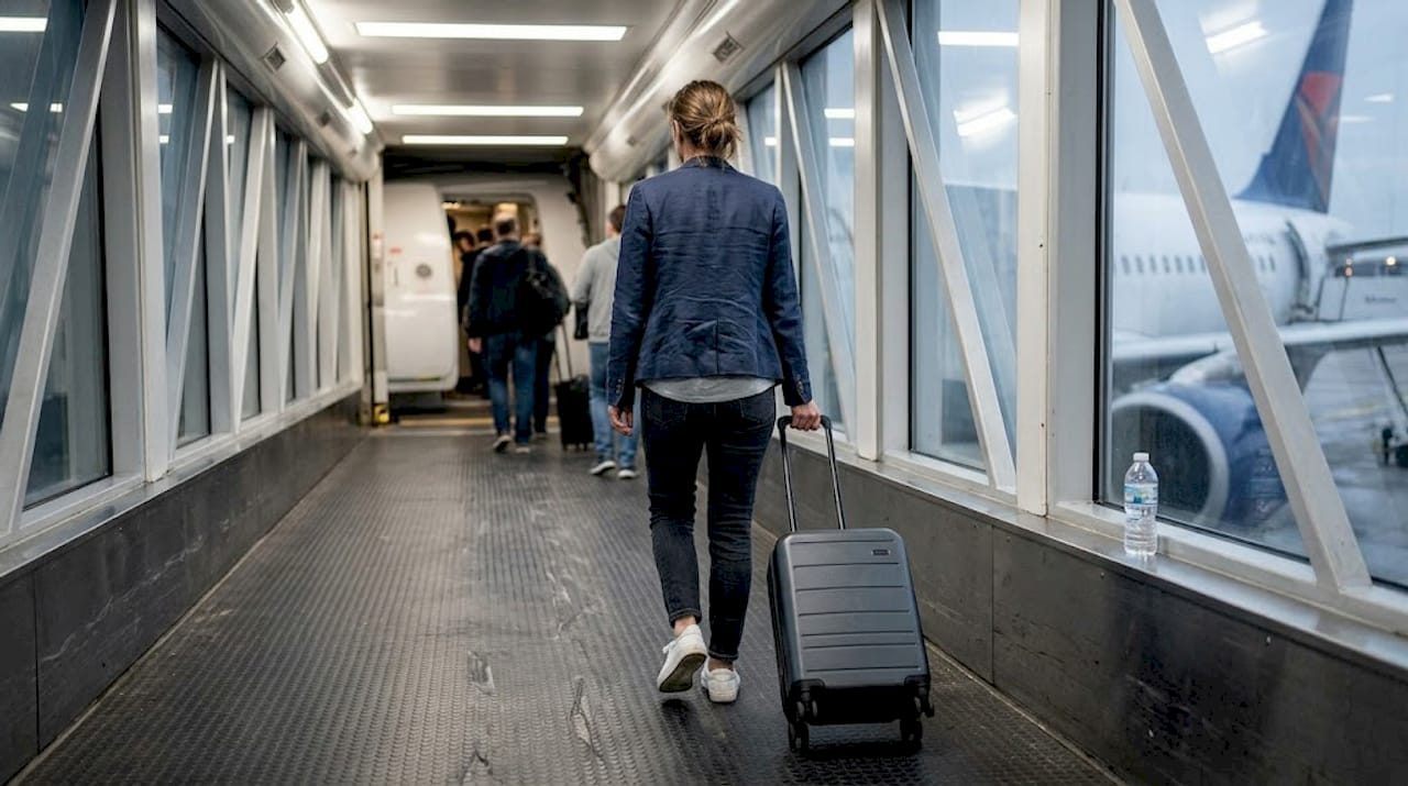 Passagerer strømmer ombord på flyet gennem den travle finger i lufthavnen.