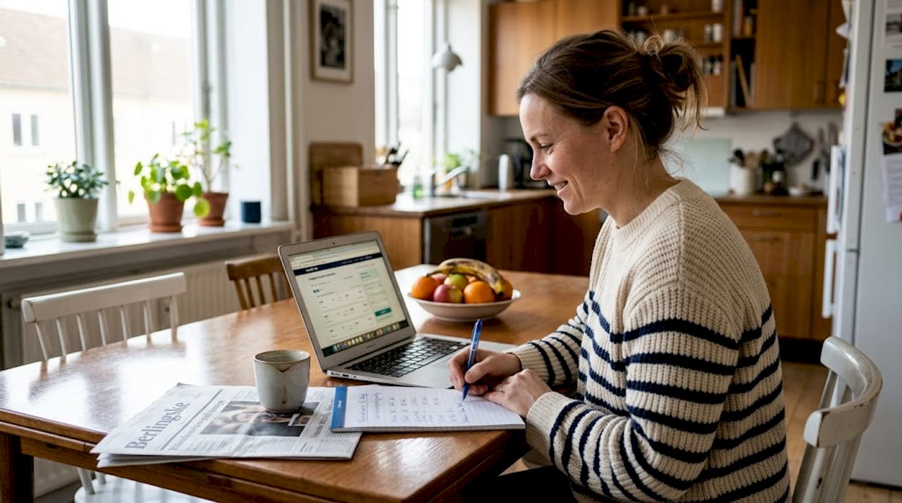 Kvinde sidder ved sin bærbare computer og tjekker priser på flybilletter for at finde det bedste tilbud.