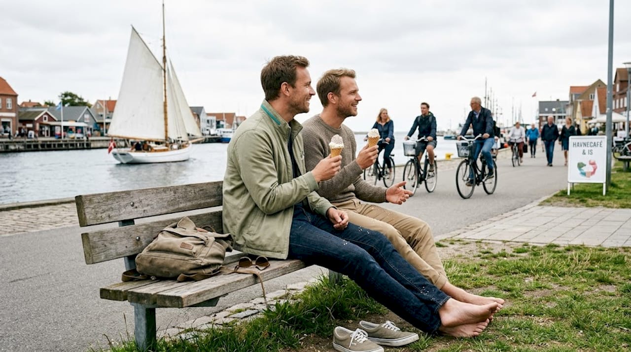A group of friends is enjoying various activities at the harbor.
