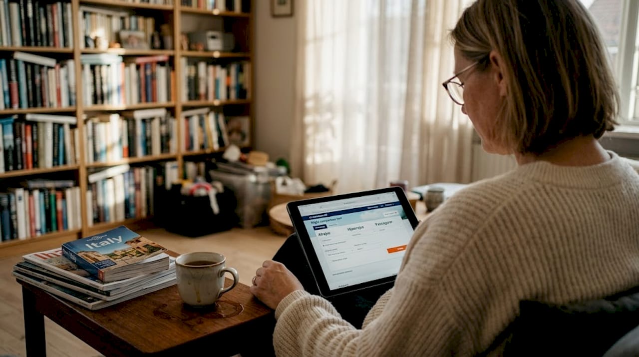Kvinde sidder med sin tablet og tjekker flybilletter for at finde den bedste pris.