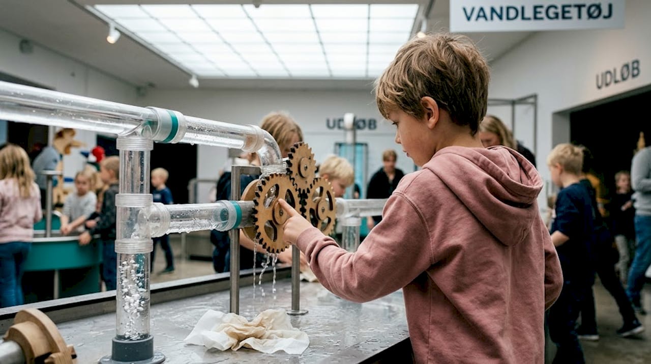 A child explores the properties of water at an interactive station in the museum.