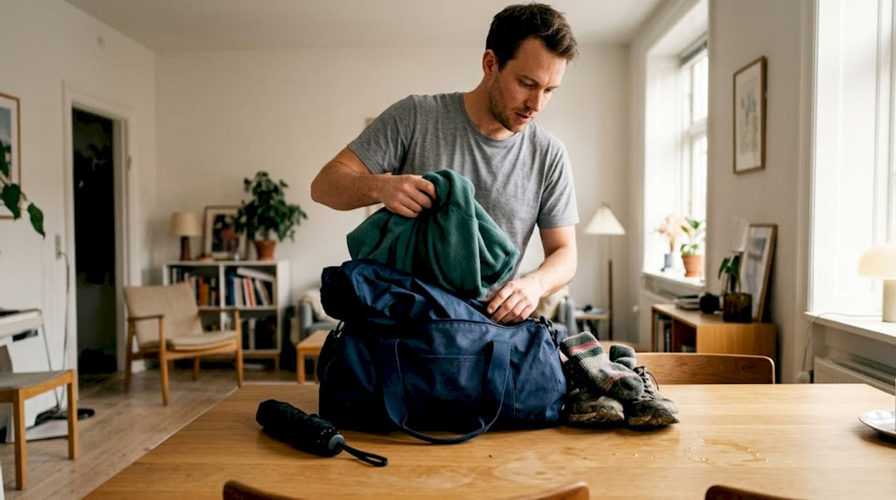 A man puts clothes that match the weather into his bag.