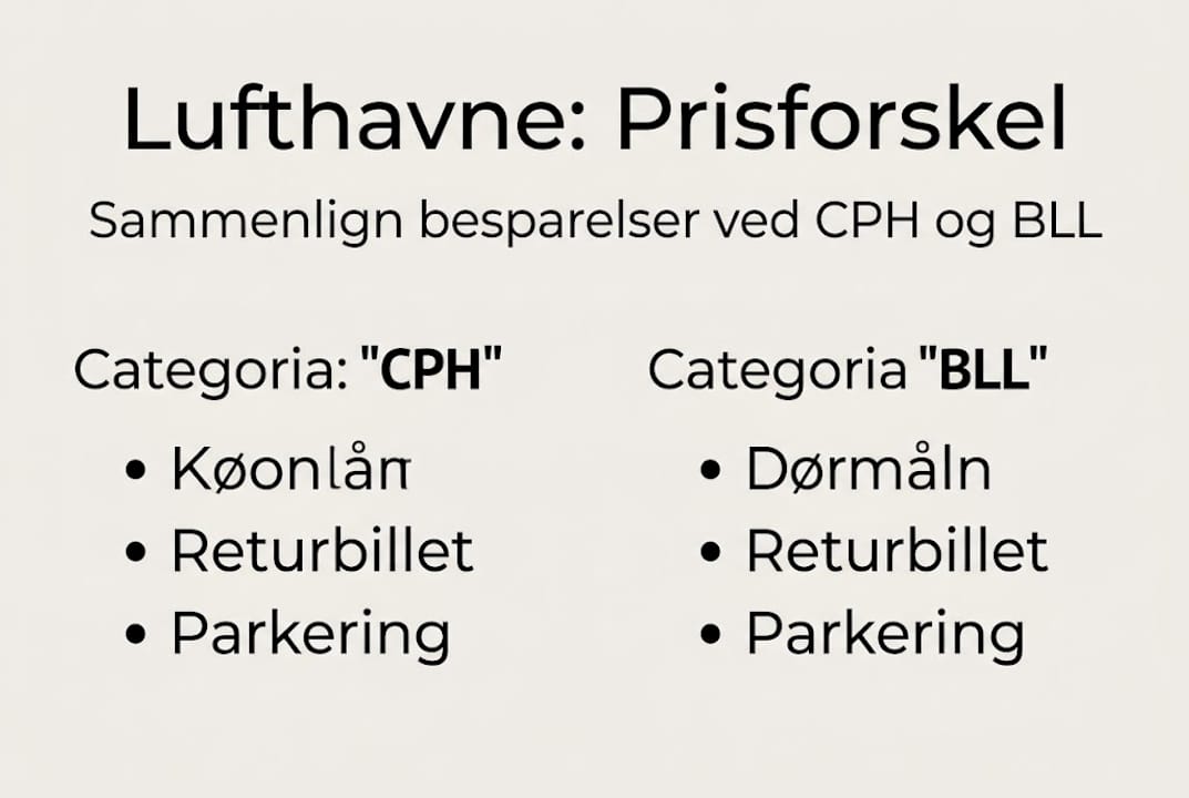 Grafikken giver et overblik over omkostningerne ved de to lufthavne og sammenligner dem side om side.