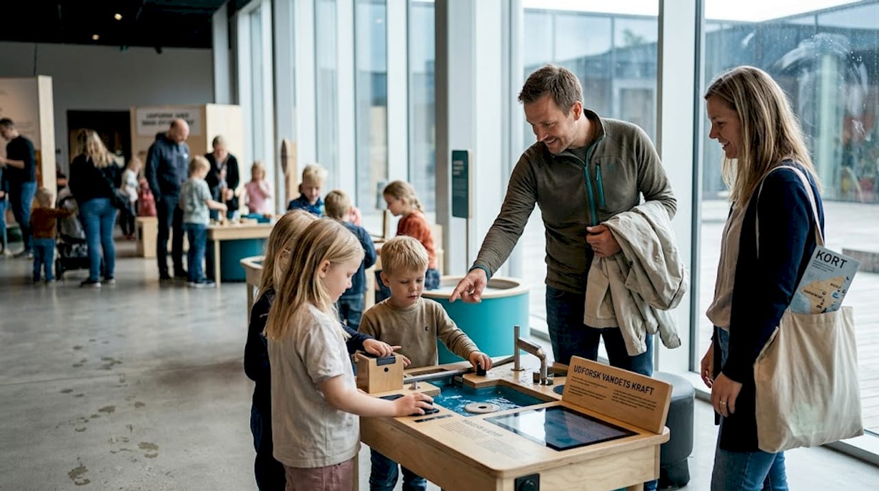 A family explores an interactive exhibition at a Danish museum