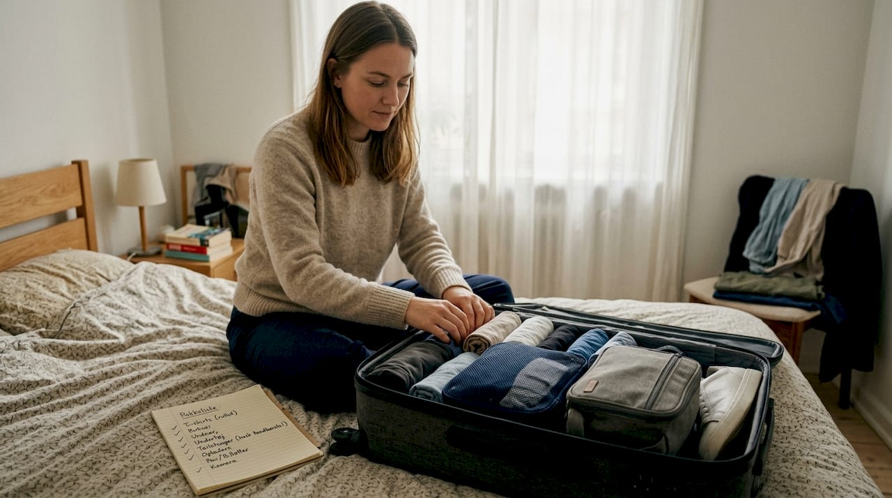 En kvinde står på soveværelset og pakker en lille kuffert til sin rejse.