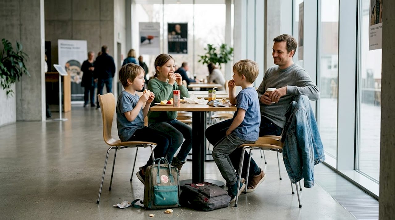 Die Kinder machen eine wohlverdiente Pause im Cafébereich des Museums.