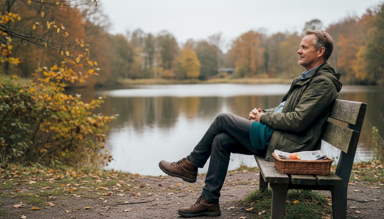 A man takes a well-deserved rest by the edge of a quiet lake, surrounded by the colors of autumn in the Danish forest.