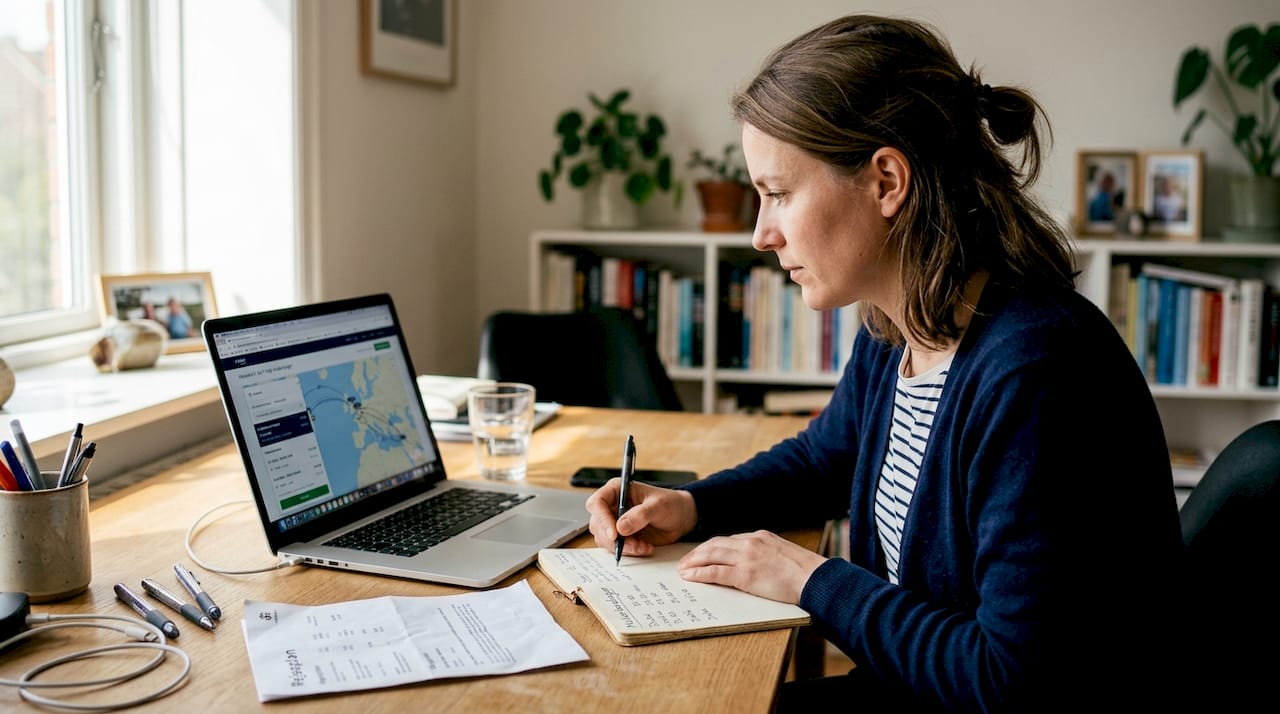 En kvinde sidder ved computeren og tjekker muligheder for stopover på sin rejse.