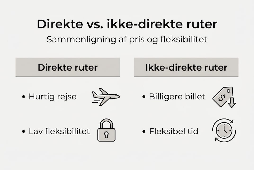 Grafikken viser forskellen på direkte og indirekte ruter