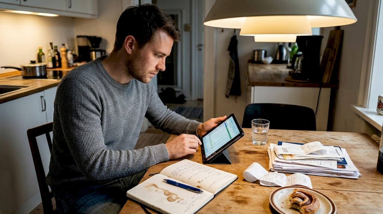 En mand sidder ved køkkenbordet og lægger budget for sin kommende rejse.