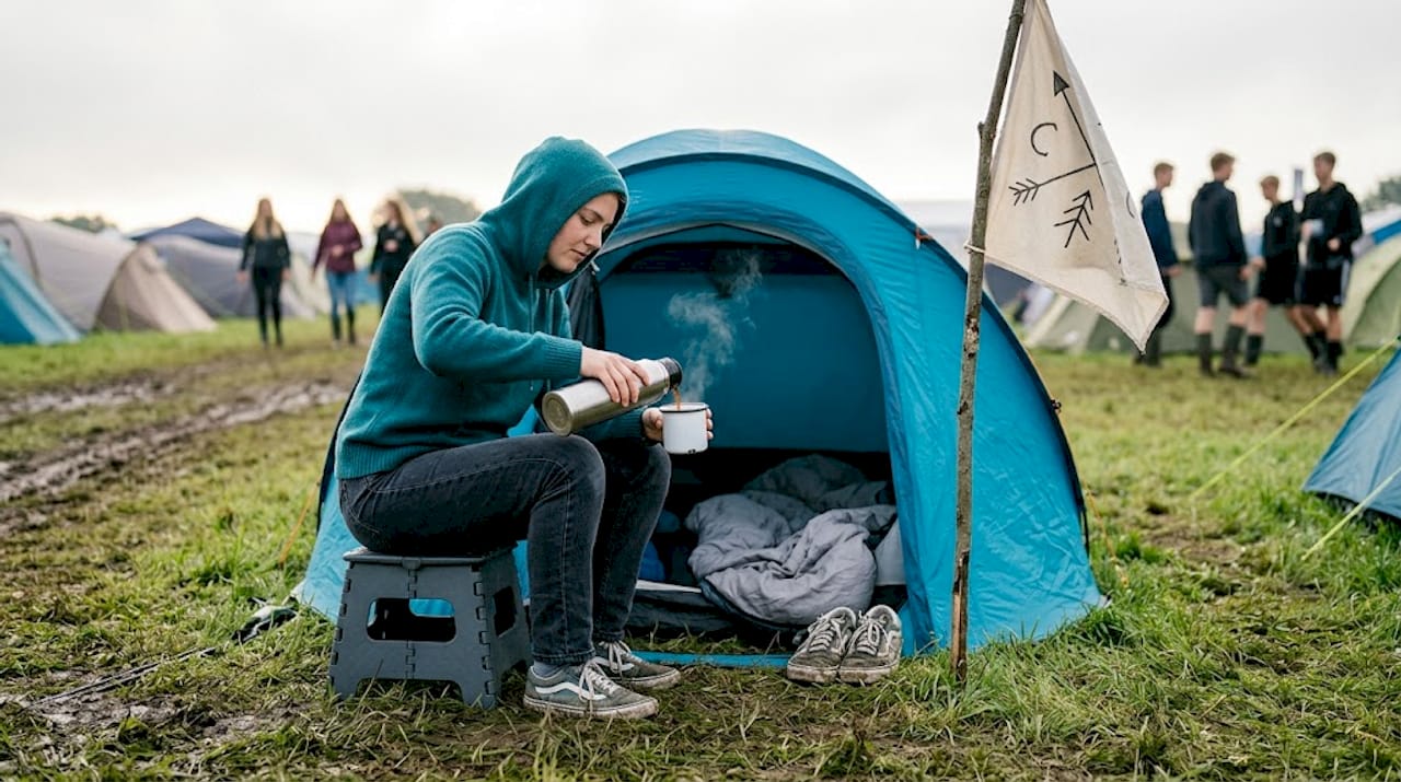 A woman is serving coffee at her tent at a Danish festival site.