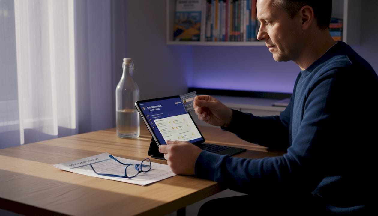 Mand gennemgår sin rejseforsikring og dobbelttjekker sin booking