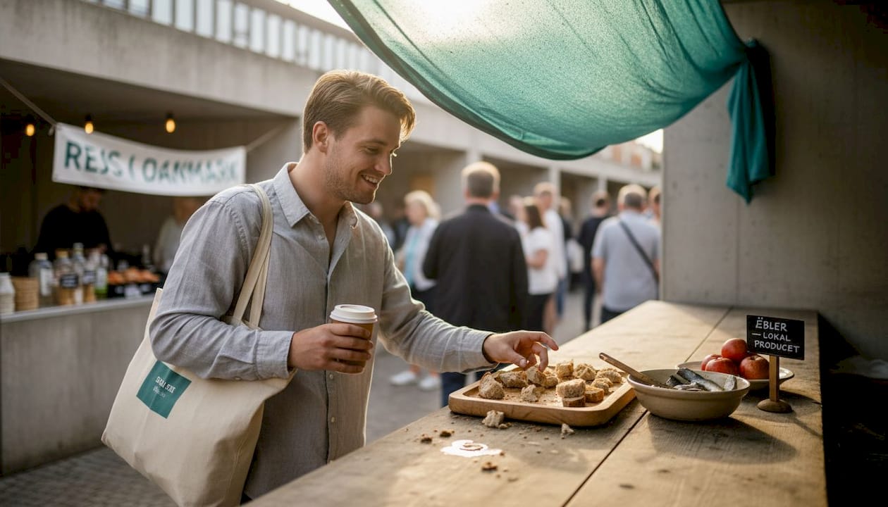 Mand nyder lækre specialiteter på det lokale madmarked