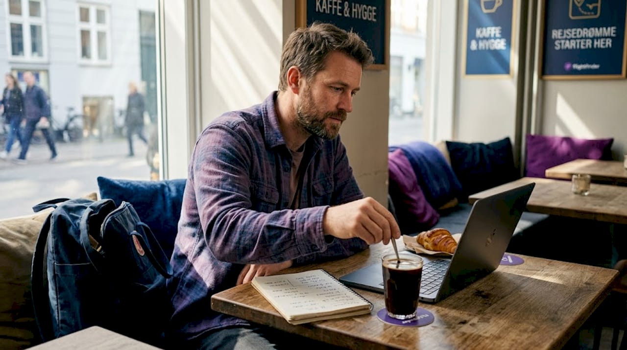 En mand sidder på en café og tjekker flybilletter på sin bærbare for at finde den bedste pris.