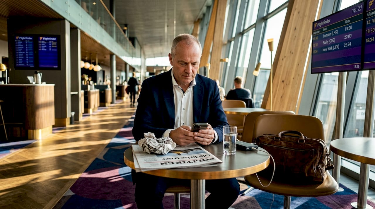 En rejsende sidder i loungen og følger med i de seneste nyheder om oliepriser.