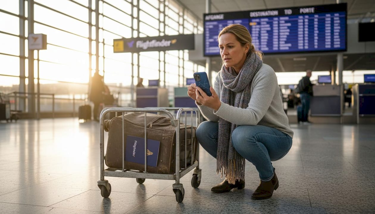 En kvinde tjekker størrelsen på sin kuffert ved bagagemåleren i lufthavnen.