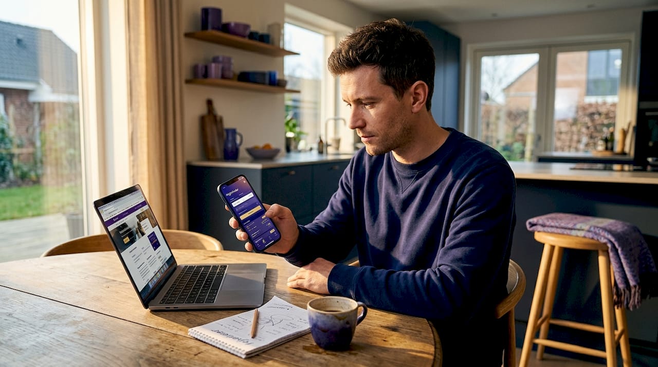 Mand sidder ved spisebordet og leder efter flybilletter på sin mobil.