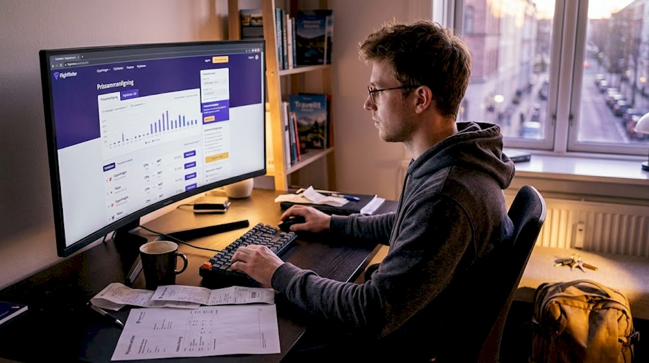Mand sidder ved computeren og tjekker flybilletter