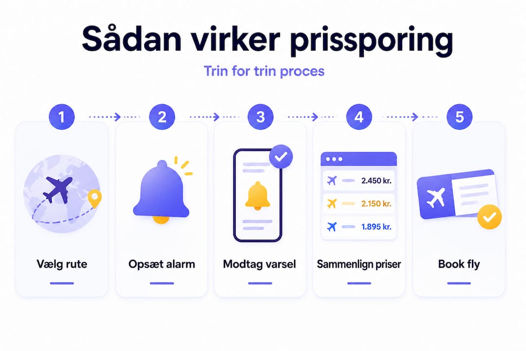 Se processen bag, hvordan man følger prisudviklingen på flybilletter – forklaret trin for trin i en infografik.