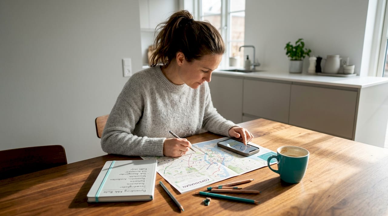 Ved køkkenbordet lægger hun planer for sin næste byvandring