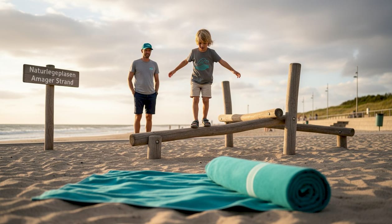 Ein Kind versucht sich im Balancieren auf dem gemütlichen Holzspielplatz auf Amager.